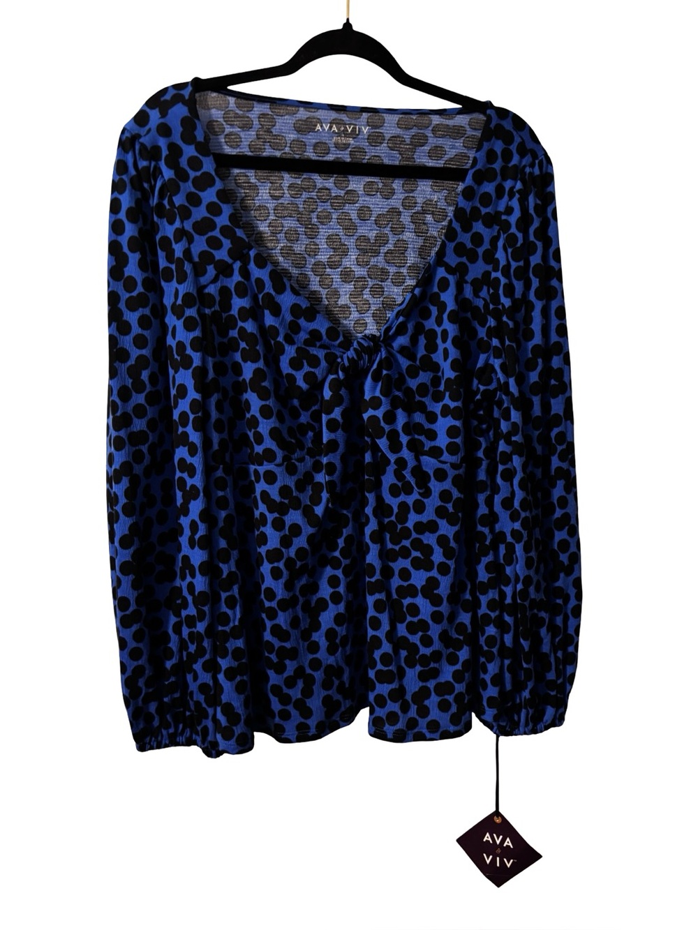 Ava & Viv Blue and Black Polka Dot V-Neck Blouse